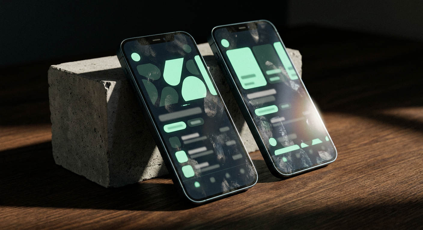 Zwei Smartphones an einem Betonblock zeigen dunkle App-Oberflächen mit mintgrünen Elementen