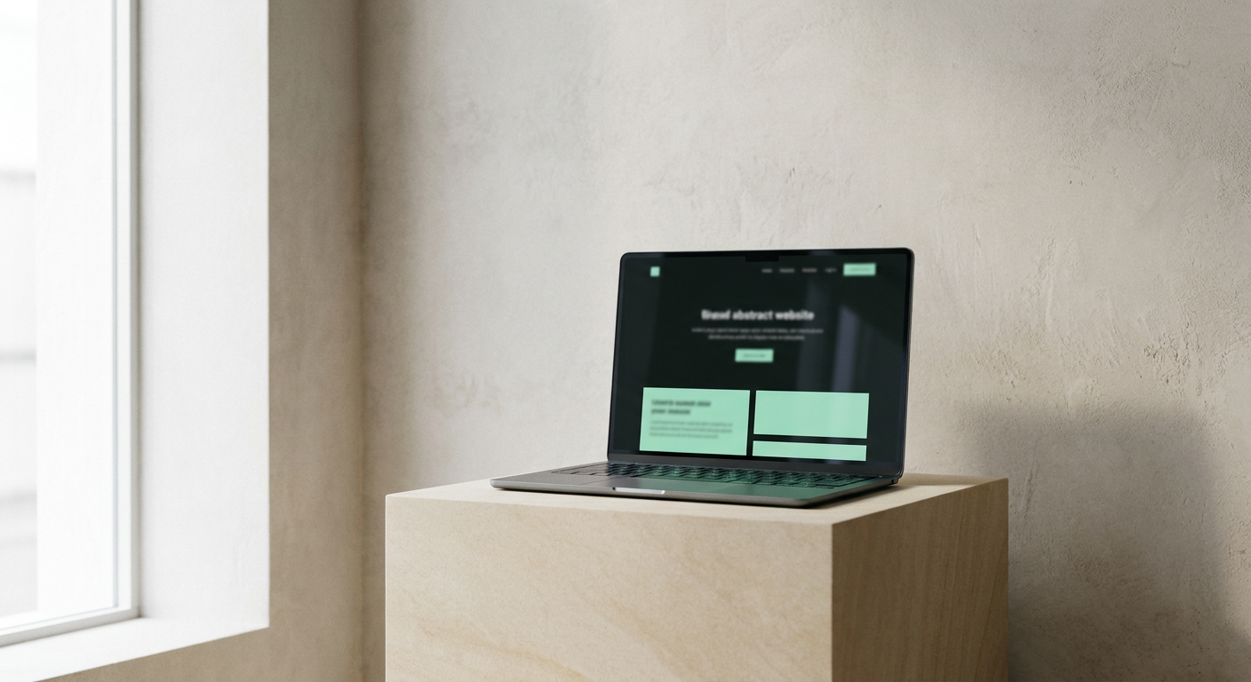 Laptop auf einem Sandsteinsockel zeigt eine dunkle Website mit mintgrünen Akzenten