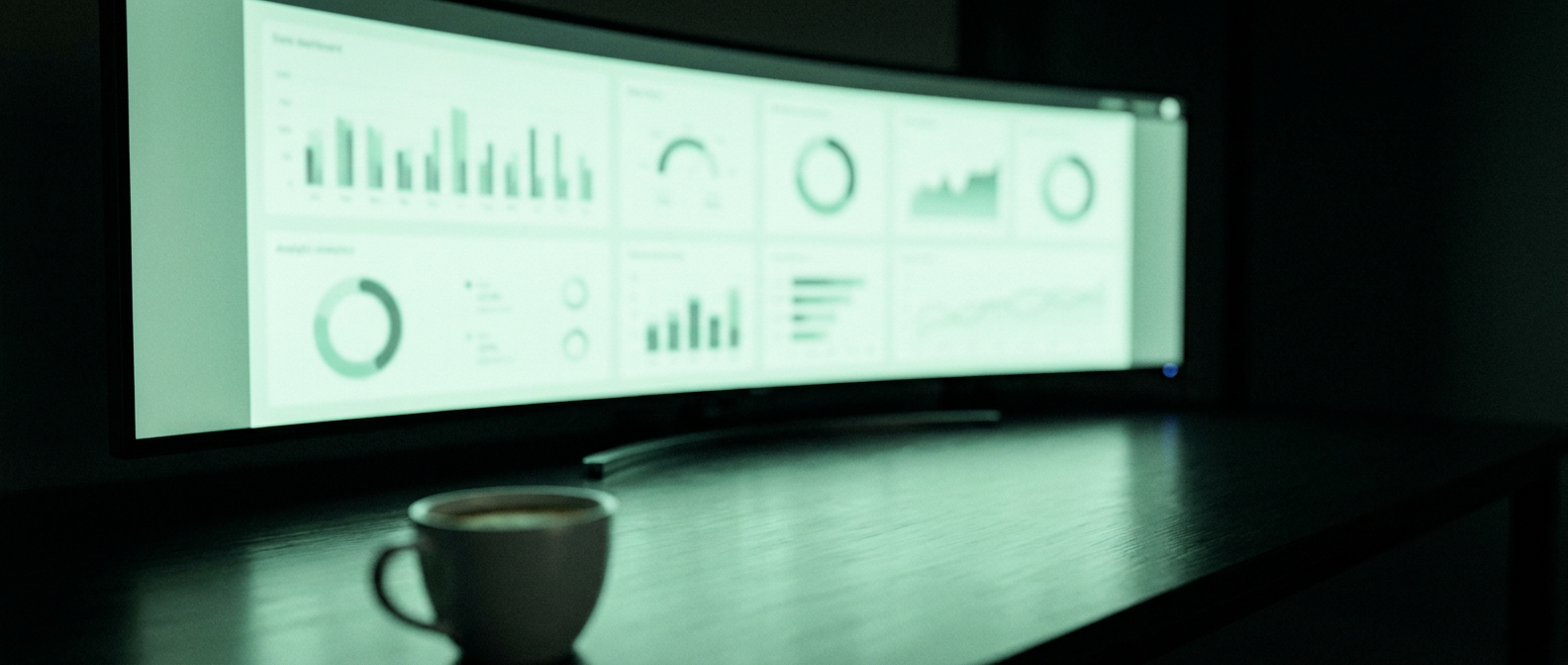 Ultrawide-Monitor im abgedunkelten Studio zeigt ein Analyse-Dashboard in Mintgrün