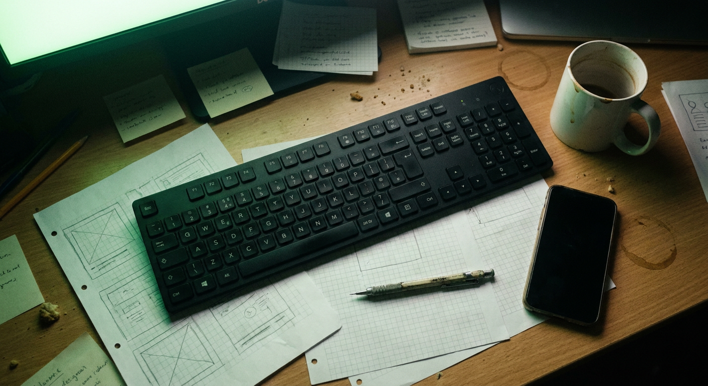 Schreibtisch eines Webdesigners in der Dämmerung mit Wireframe-Skizzen, Tastatur und grünem Bildschirmlicht