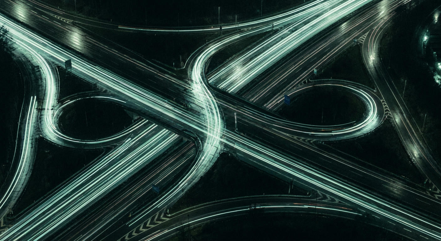 Luftaufnahme eines Autobahnkreuzes mit mintgrünen Lichtspuren bei Nacht